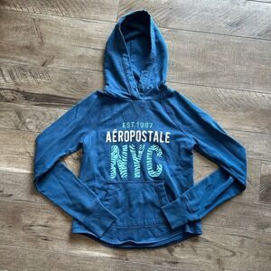 Y2K Aeropostale Women's Blue NYC Zebra Graphic Pullover Hoodie Sweatshirt Size S